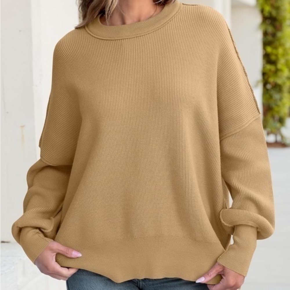 Brown/ Tan Crewneck Batwing Oversized Ribbed Pullover Sweater